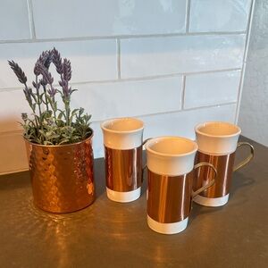 3 ceramic mugs w/copper bands and brass handles, brass container & lavender